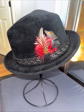 Fleetwood Vintage Black Felt Fedora with Red Feather Accent